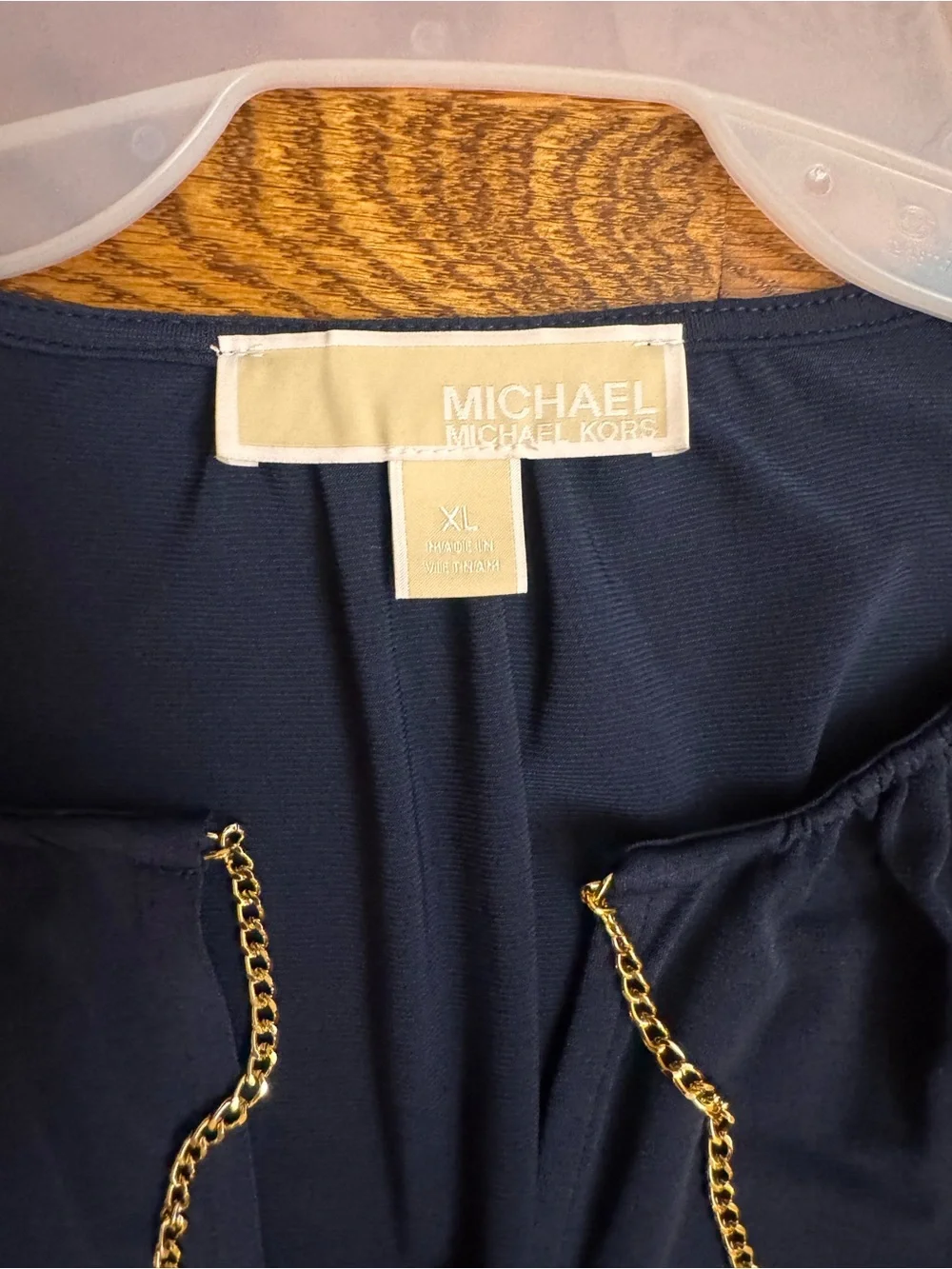 Michael Kors Navy Long-Sleeve Ruffle-Hem Dress with Tie Waist and Gold Accents